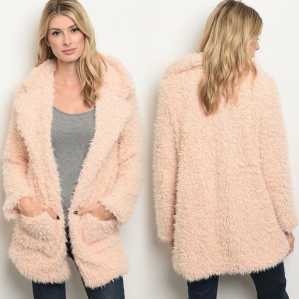 Cozy Plush Faux Fur Open-Front Coatigan in Blush